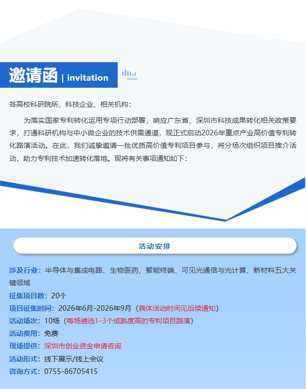 项目推介邀请函|2026年深圳市专利转化对接系列活动（筹备中）