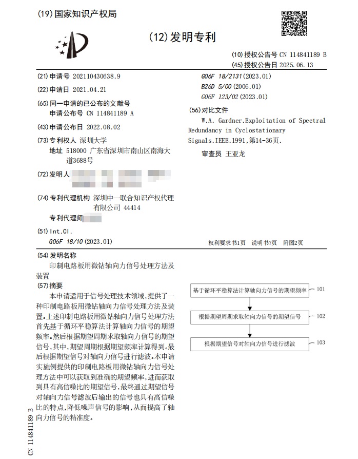 深圳大学|ZL202110430638.9（印制电路板用微钻轴向力信号处理方法及装置）发明专利-